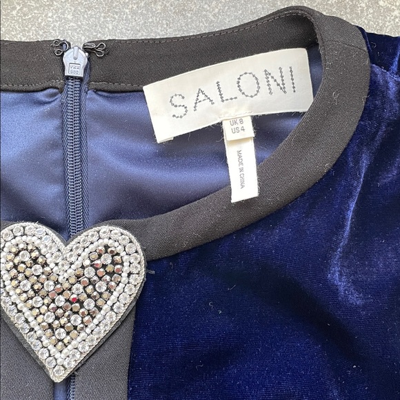 EUC Saloni Camille Velvet Midi Dress Glitter Hearts Women’s Size 4 Blue Purple - Picture 6 of 15